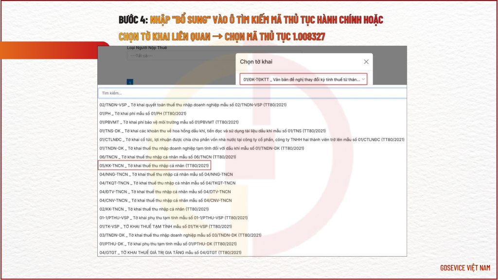 Bước 3: Nhập "bổ sung" vào ô Tìm kiếm mã thủ tục hành chính hoặc chọn tờ khai liên quan → Chọn mã thủ tục 1.008327