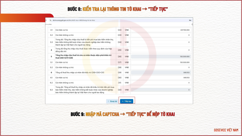 Bước 8: Kiểm tra lại thông tin tờ khai → "Tiếp tục"
Bước 9: Nhập mã captcha → "Tiếp tục" để nộp tờ khai