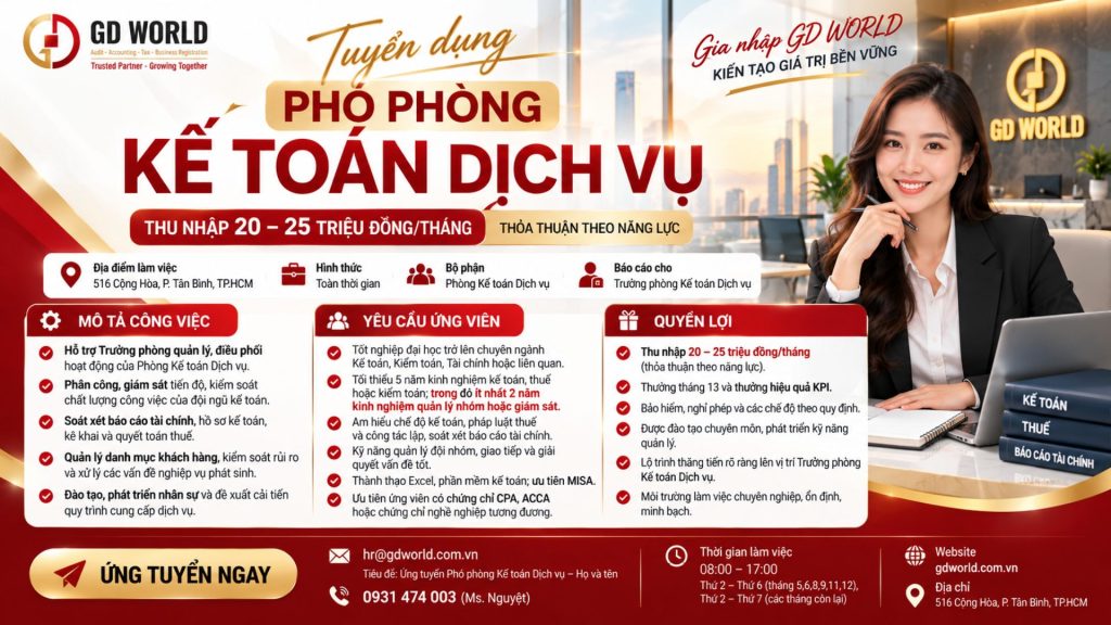 GD WORLD TUYỂN DỤNG PHÓ PHÒNG KẾ TOÁN DỊCH VỤ